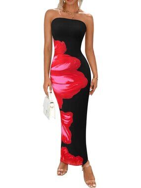 Women's Black Red Floral Summer Strapless Maxi Dress Formal Tube Mesh Dress